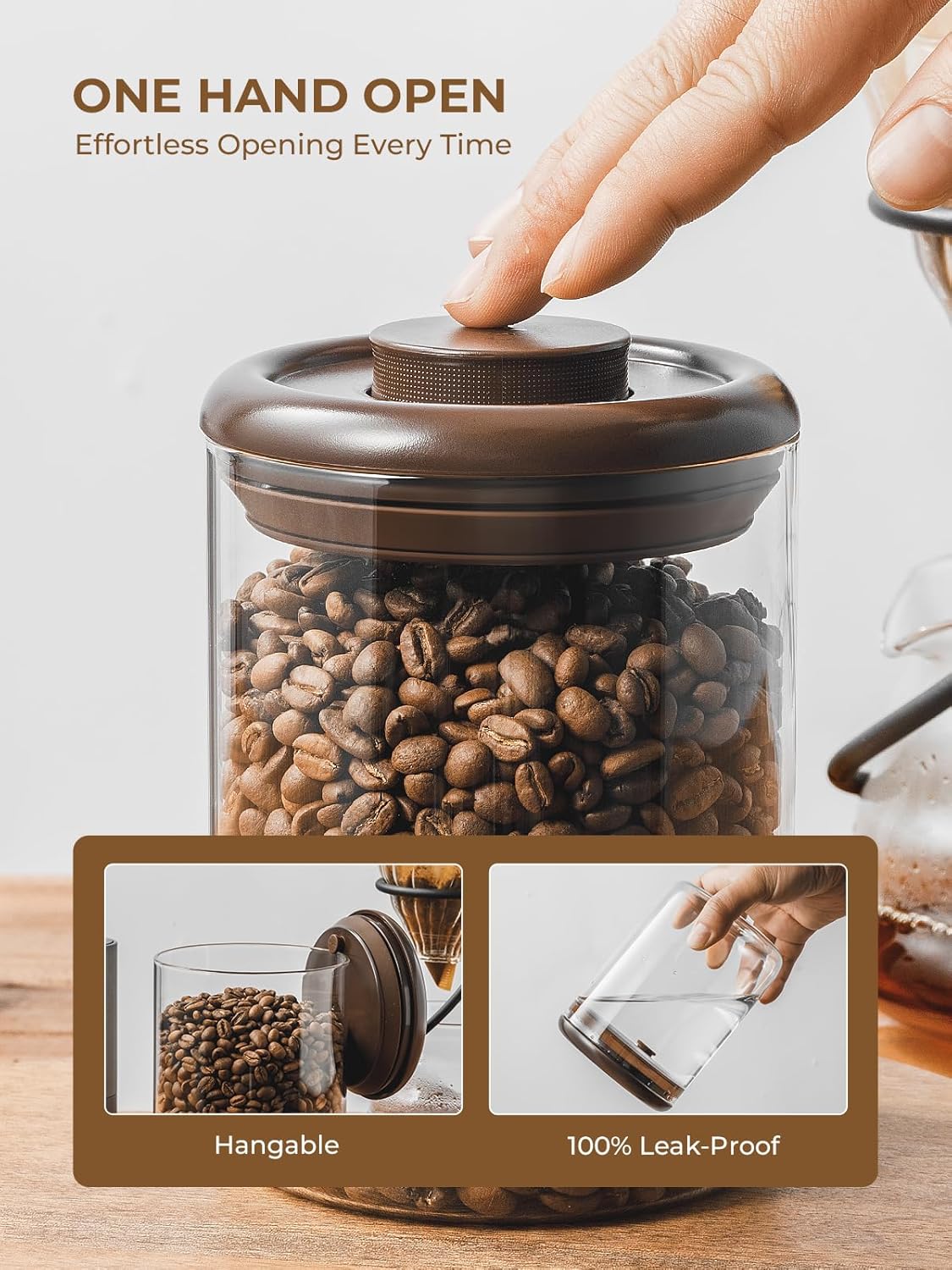 Borosilicate Glass Coffee Jar 600 ml – Pop Top Airtight Coffee Canister with CO2-Release Valve, 7 Oz Coffee Container for Ground Coffee, Brown