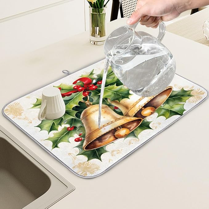 Christmas Holly Leaves And Bells Dish Drying Mat, Kitchen Counter Quick Dry Pads - Image 5