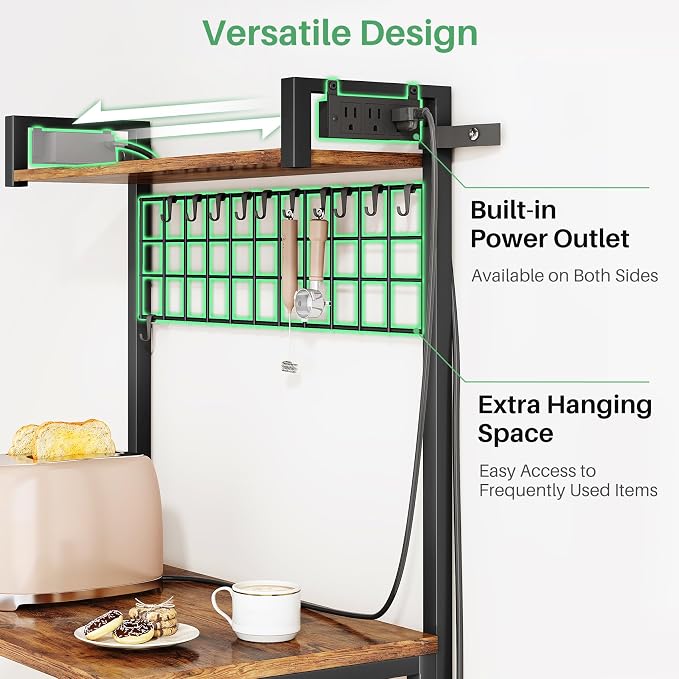 SNTD Bakers Rack with Power Outlet, Kitchen Shelves Microwave Stand with Wire - Image 3