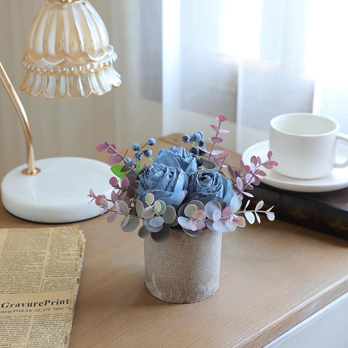 Small Artificial Burnt Blue Rose Potted Plant, Mini Faux Floral Arrangement - Image 5