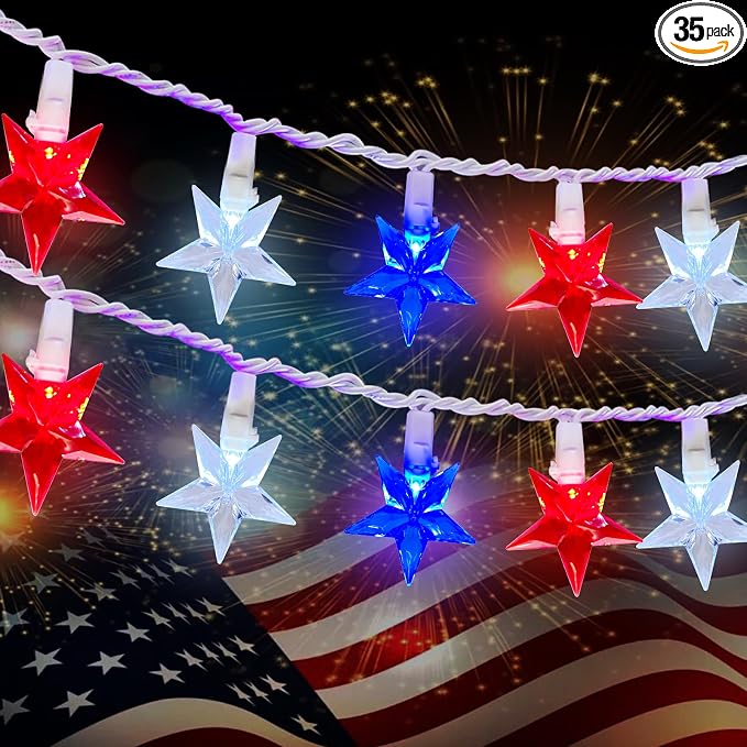 35 LED Patriotic Star String Lights, 13.6FT 4th of July Red White and Blue by Abeja