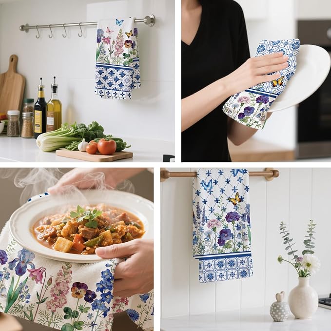CUTHOLLOW Bohemian Blue Flowers Decorative Kitchen Towels Set of 4, - Image 4