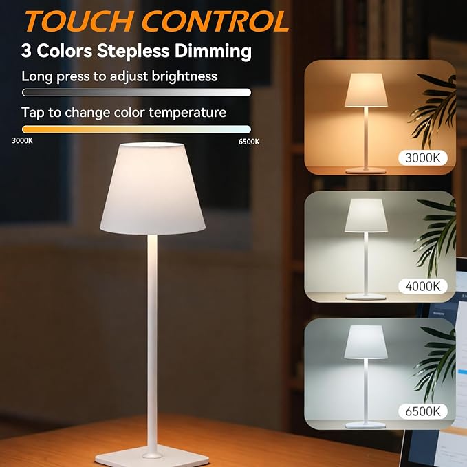 2 Pack Cordless Table Lamps Rechargeable, Battery Operated Touch Dimmable LED - Image 3
