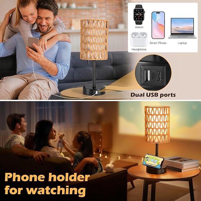 Rattan Table Lamps for Living Room, 3 Way Dimmable Touch Lamps, Small Bedside - Image 6