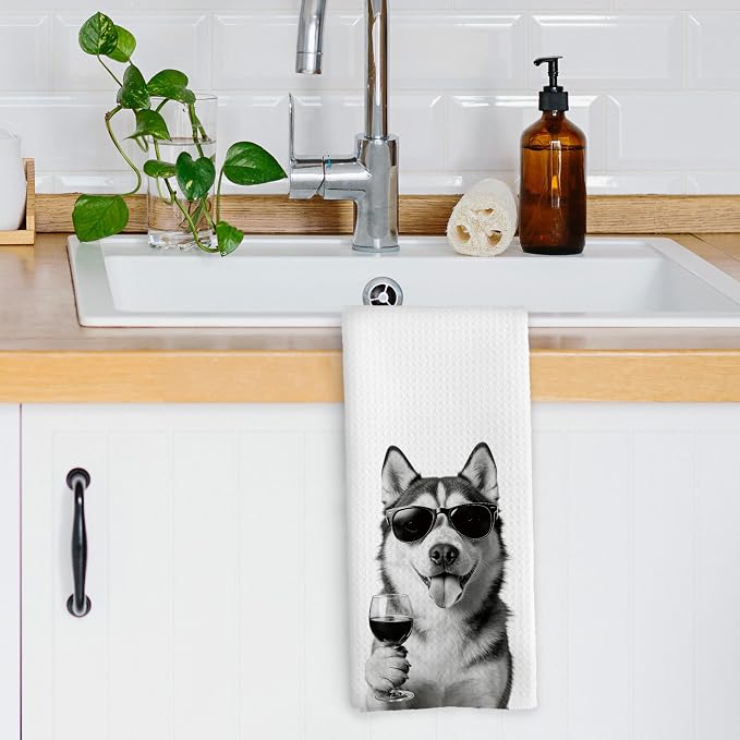 Funny Siberian Husky Wine Bar Kitchen Dish Towels, Siberian Husky Gifts - Image 3