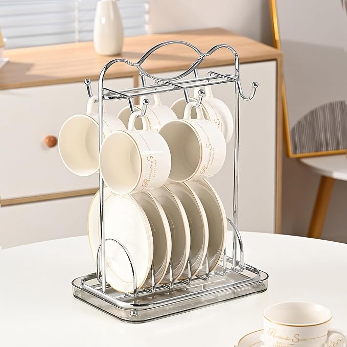 Silver Coffee Mug Holder Countertop, Metal Tea Coffee Cup and Saucer Holders by LWXPAIYY