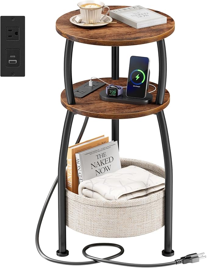 Side Table with Charging Station, Small Round End Table with Basket, USB and by designyourhome