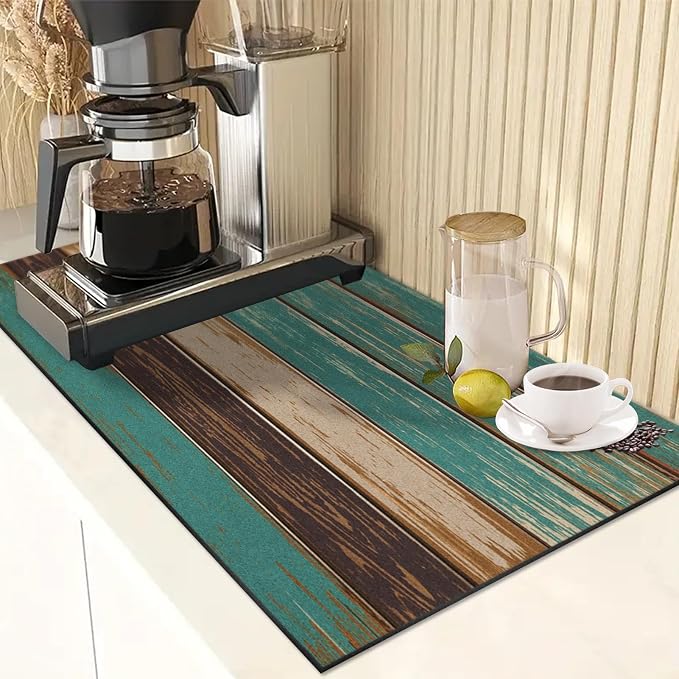 Arttown Coffee Mat for Countertops, Farmhouse Teal Brown Wood Dish Drying Mat 2 - Image 2