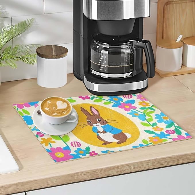Rabbit Easter Eggs Colorful Flowers and Green Leaves Coffee Mat Coffee Bar - Image 4