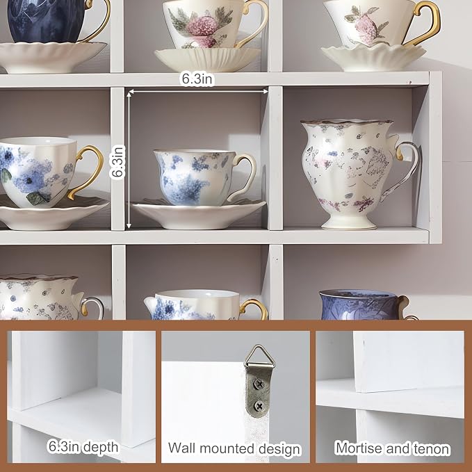 Suzile Oversize Tea Cups and Saucers Shelf Rustic Wooden Coffee Display Shelves - Image 4