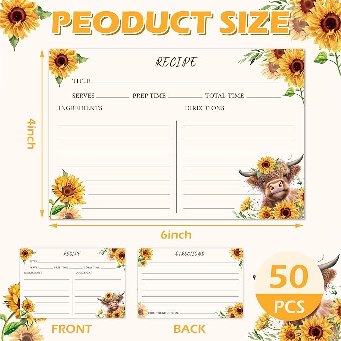 JarThenaAMCS 50 Pcs Highland Cow Recipe Cards Sunflower Brown Cow Blank Recipe - Image 2