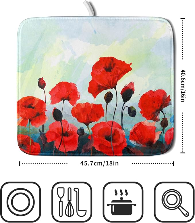 Red Poppy Dish Drying Mat for Kitchen Counter - Image 2