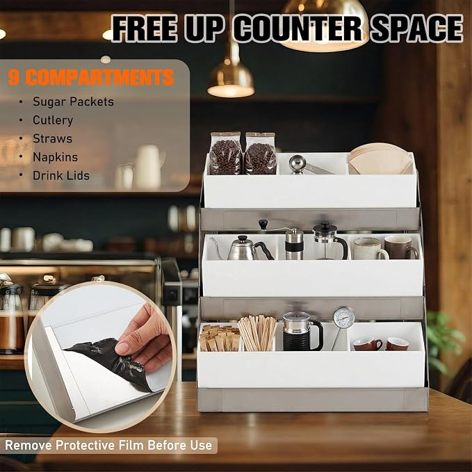 Maxdot Coffee Station Organizer, 3-Tier Stainless Steel Condiment Station - Image 3