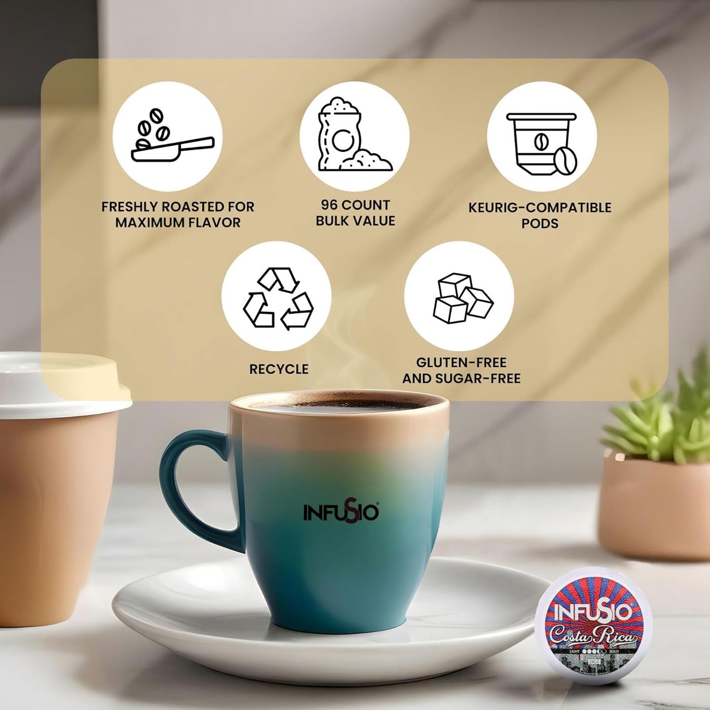 InfuSio Coffee Pods 96 Count Costa Rica Medium Roast Single serve Coffee pods for Keurig K Cups Brewers - InfuSio Premium Roasted Keurig 2.0 Compatible