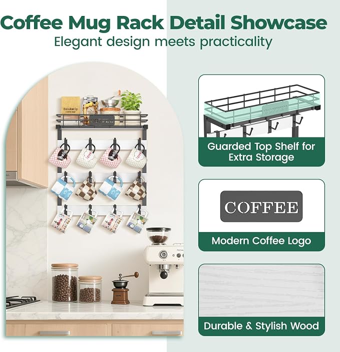 EsLuker.ly Coffee Mug Holder Wall Mounted Display Rack, Metal Cup Hanger - Image 3