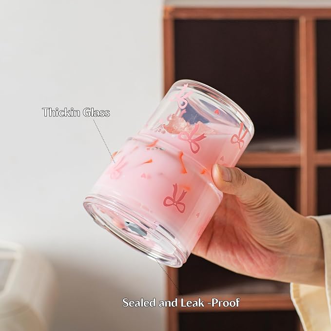 INSETLAN 13oz Bow Decal Glass Tumblers Set of 2, Thick Wall Glass Cups - Image 5