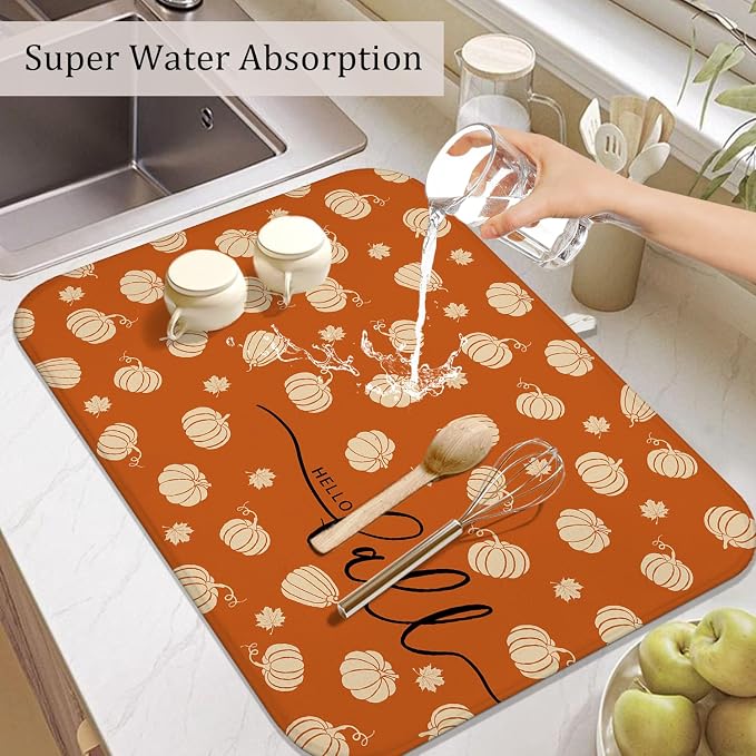 Fall Dish Drying Mat for Kitchen Counter, Washable Absorbent Countertop Harvest - Image 5