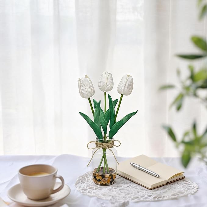 2 Packs Faux Flowers Artificial Tulips in Glass Vase - Image 3