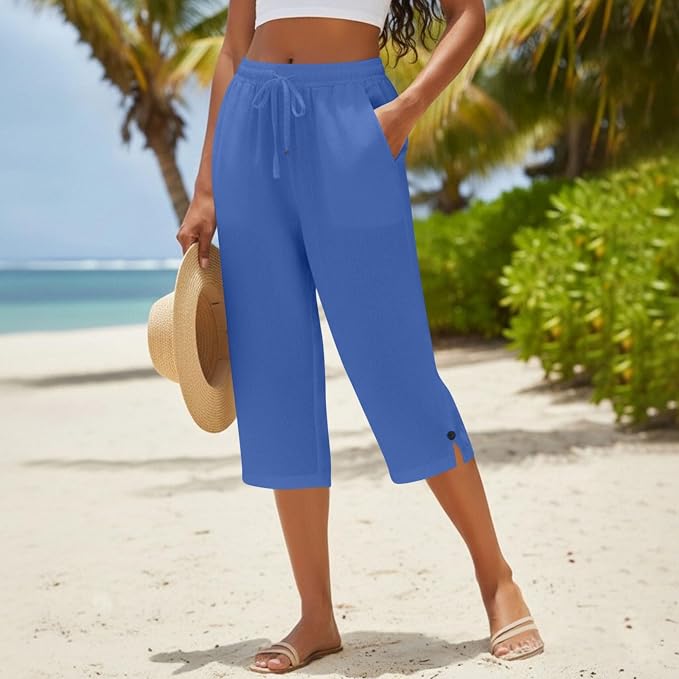 Straight Leg Capri Linen Pants for Women Elastic Waist Drawstring Pant Summer - Image 3