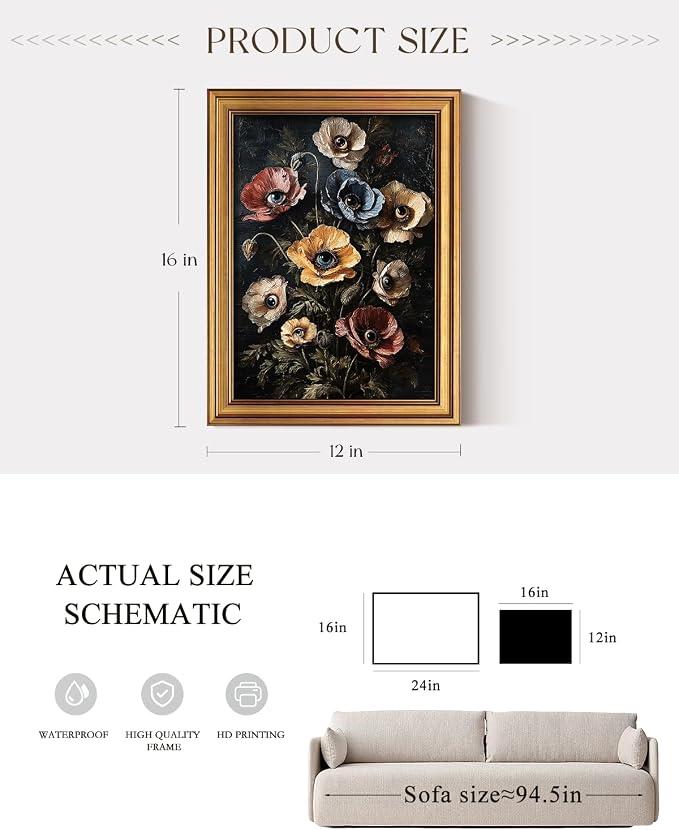 ARPEOTCY Gold Framed Canvas Wall Art, Surreal Gothic Poppy Flowers - Image 5