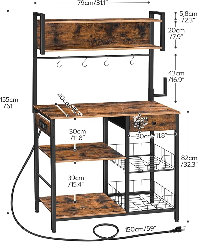 HOOBRO Bakers Rack with 4 AC Power Outlets, 5-Tier Coffee Bar with Wire Basket - Image 3