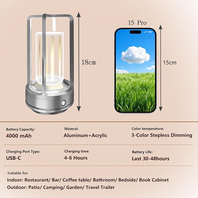 Set of 2 Cordless Table Lamps, LED Rechargeable Table Lamp - Image 4