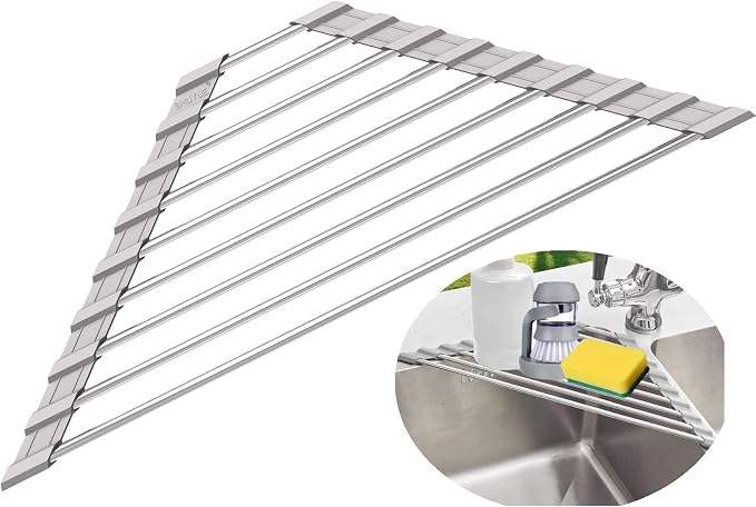 Triangle Dish Drying Rack for Sink Corner Roll Up Folding Stainless Steel - Image 9