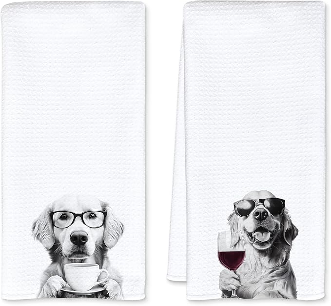 Funny Golden Retriever Kitchen Towels Set of 2, Funny Kitchen Decor, Coffee by Unknown