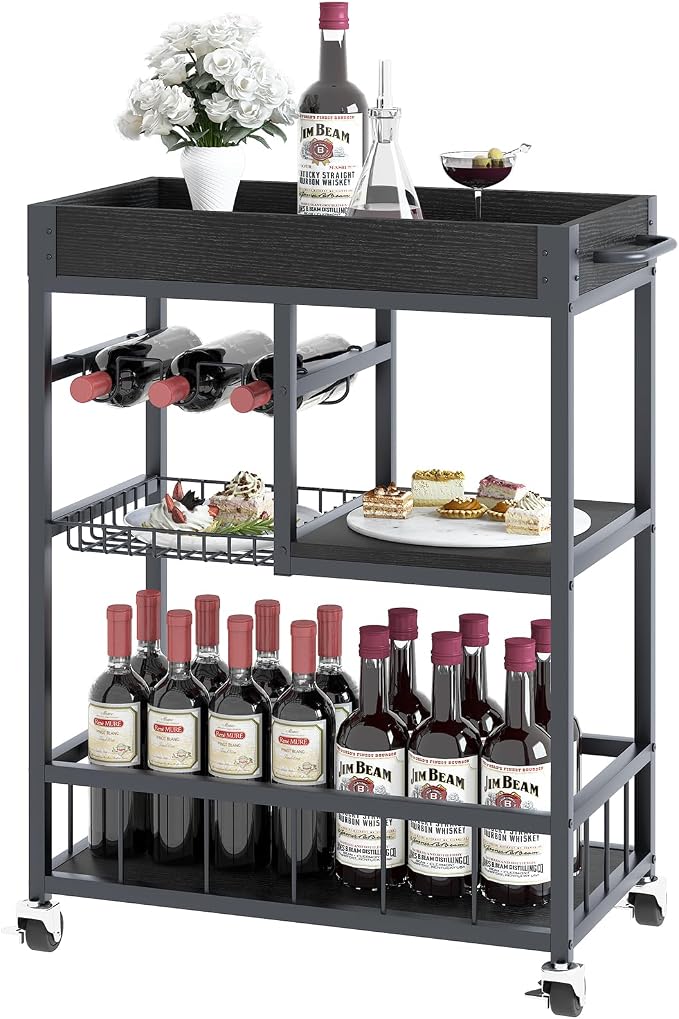 Bar Cart with Basket 3 Tiers Home Rolling Wine Rack with Wheels Mobile Kitchen by EternalHome