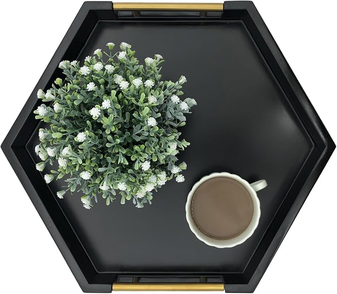 Serving Tray with Polished Metal Handles, Hexagon Coffee Table Tray, Modern - Image 2