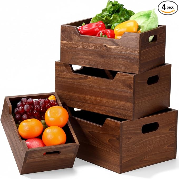 Chunful 4 Pack Wood Crates Nesting Storage Baskets Decorative Farmhouse Wooden by Chunful