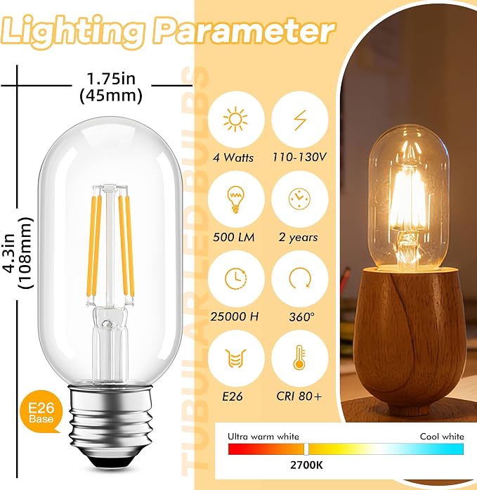 Vintage T45 LED Bulbs Non-Dimmable, 40W Eqv. E26 Edison Filament Light Bulbs - Image 3