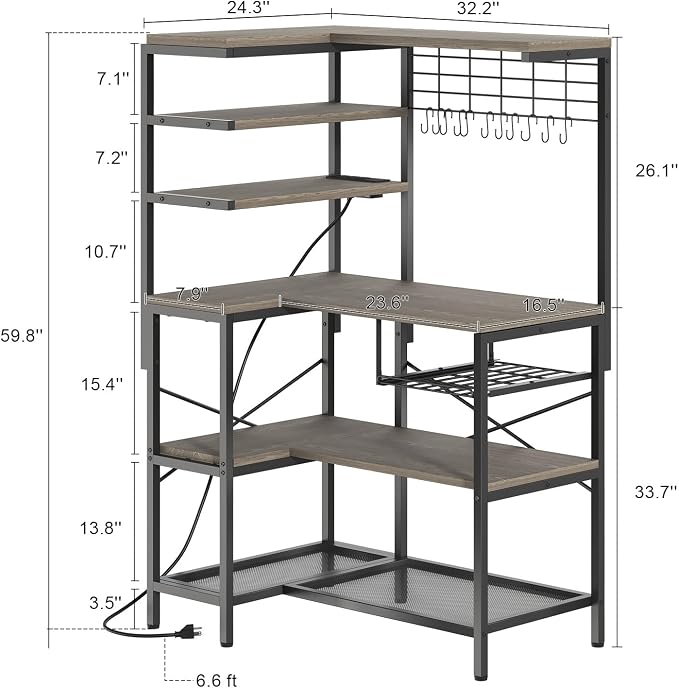 L-Shaped Bakers Rack with Power Outlets, 6-Tier Microwave Stand with Hooks - Image 3