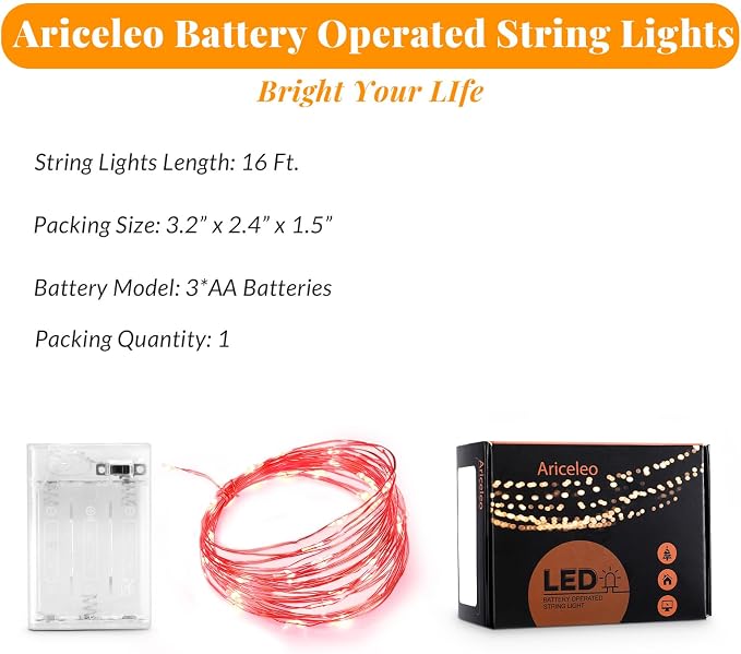 Ariceleo Led Fairy Lights Battery Operated, 1 Pack Mini Battery Powered Copper - Image 2