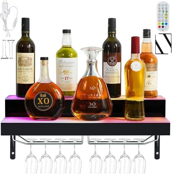 LED Lighted Liquor Bottle Display Shelf Wall Mount Wine Rack, 2 Tiers 24Inch by ClarityCraze