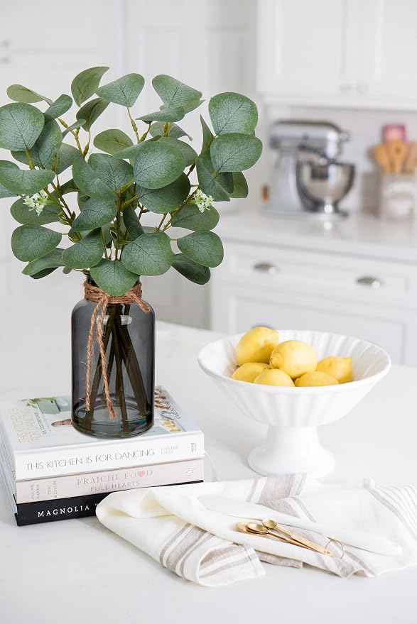Briful Artificial Eucalyptus Stems in Black Glass Vase - Image 4