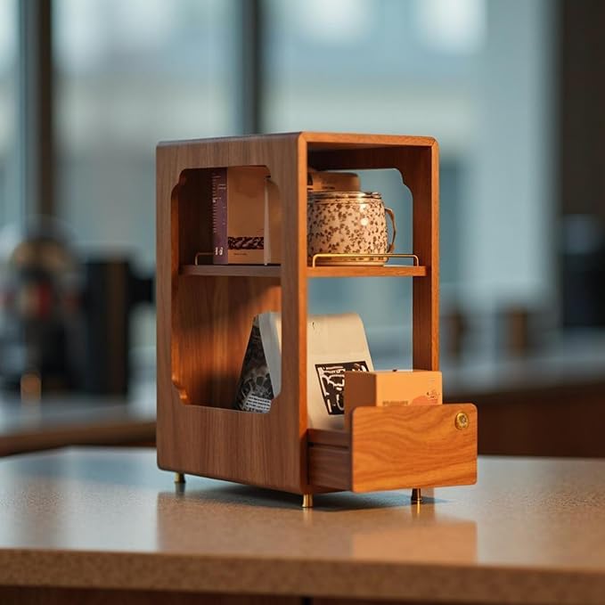 Coffee Bar Organizer for Countertop, 2-Tier Walnut Wood Coffee Station Organizer - Image 2