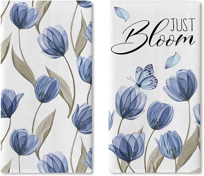 Spring Blue Tulip Flower Kitchen Dish Towels Set of 2, Just Bloom Floral by Croar
