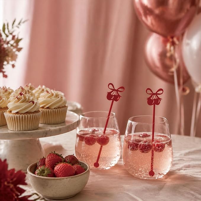 30 PCS 6 Inch Glossy Red Bow Cherry Drink Stirrers, Acrylic Swizzle Sticks - Image 3