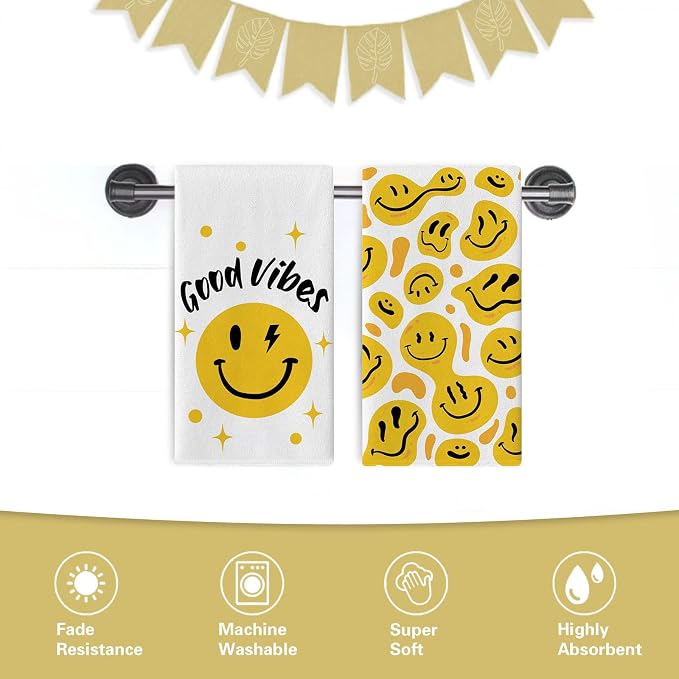 Good Vibes Smiley Face Kitchen Dish Towels Set of 2, Positive Hippie Smiles - Image 6