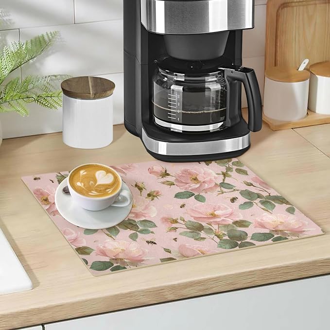 Cute Pink Rose and Bees Coffee Mat Coffee Bar Maker Backed Absorbent Nonslip - Image 5