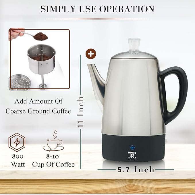 Moss & Stone Percolator Coffee Pot Electric 10 Cup, Stainless Steel Coffee - Image 3