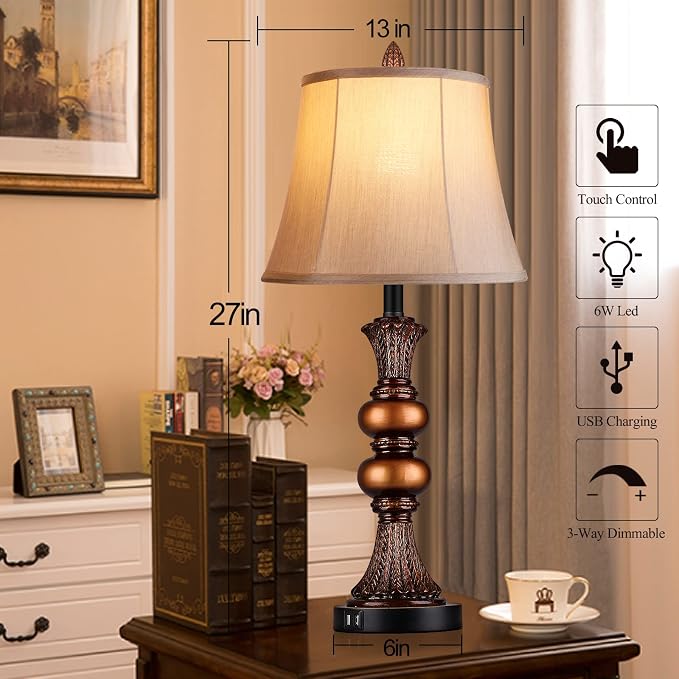 Set of 2 Touch Control Traditional Table Lamp, 3-Way Dimmable Bronze Finish - Image 5