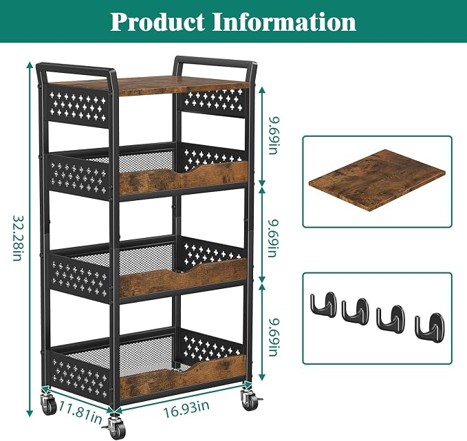 Giwil 4-Tier Rolling Storage Cart, Small Coffee Bar Crafts Makeup Cart - Image 6