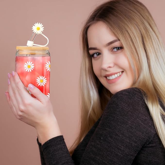 Reallnaive Daisy Gifts for Women 16 oz Flower Aesthetic Iced Coffee Cup Glass - Image 7