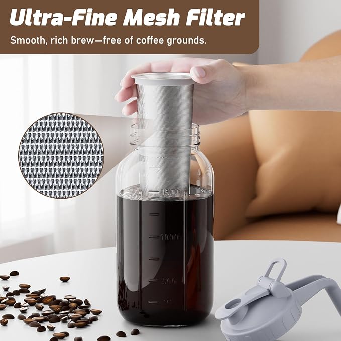 Cold Brew Coffee Maker Jar - 64oz Thick Glass Multipurpose Mason Pitcher Spout - Image 5