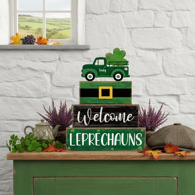 Lineshading 4 Pcs St Patricks Day Table Decor Leprechaun Wooden Stacked Blocks - Image 7