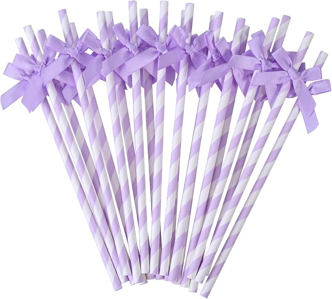 20pcs Kpop Purple Bow Straw, 7.7inch Biodegradable Cute Paper Cake Pops Treat by Nicime