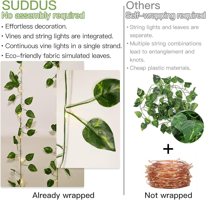 suddus Vine with Fairy Lights Battery Operated, 13.1ft 40 LED Pothos String - Image 3