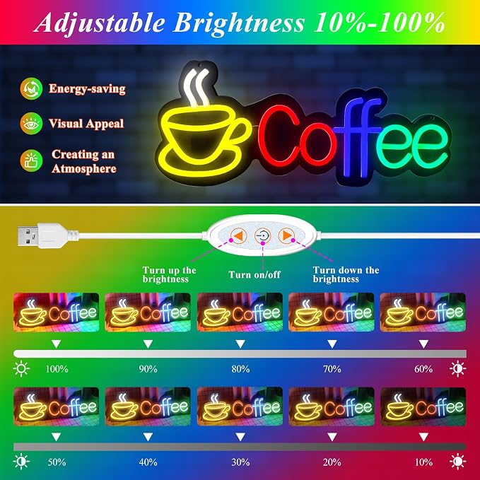Coffee Neon Signs For Wall Decor, CoffeeBar Sign Dimmable USB Powered Neon - Image 2